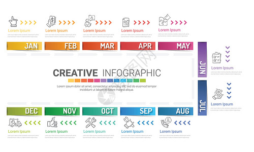 12 个月的演示业务信息图表模板报告整个月日程顺序项目年度数据营销网络计划背景图片