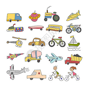 玩具小飞机图标一套元素涂鸦运输多彩的孩子 手绘草图涂鸦矢量线颜色图标集合传输元素图标集在白色背景上设计图片
