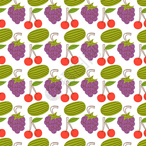 卡通水果葡萄五颜六色的水果图案 西瓜 樱桃 葡萄 手绘各种美味多汁的水果 时髦的插图 平面设计 卡通风格 彩色矢量无缝模式 黑色背景设计图片
