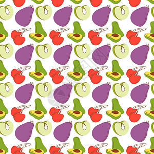 牛油果绿果类 包括彩色茄子 鳄梨 绿苹果 樱桃 没有水果和蔬菜的缝合后退背景插画
