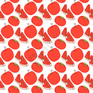 陕西彩虹梨颜色为红色 西瓜 西红柿 苹果的水果图案 矢量无缝模式的水果矢量图插画