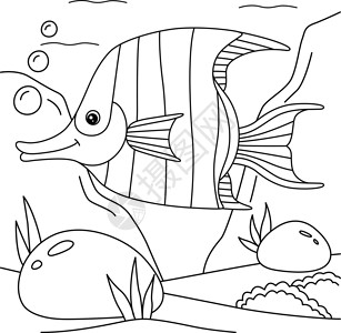孩子们的天使鱼彩色页面珊瑚填色插图孩子教育彩页异国染色水族馆热带背景图片