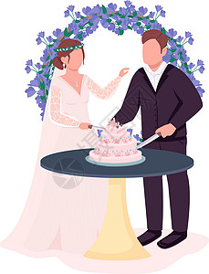 新婚夫妇在接待点切蛋糕半平板彩色矢量字符高清图片