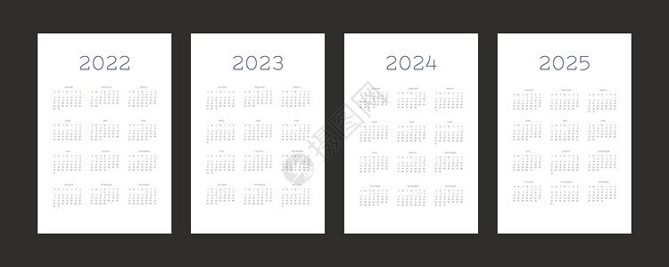 2022年2022年2023年2024年2025年日历个人时间表模板 采用最低潮时风格年度桌子季刊办公室组织者网格日程季节商业日背景图片