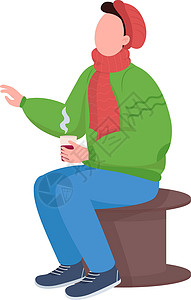喝红酒男人与热饮半平板颜色矢量字符坐在一起的男子插画