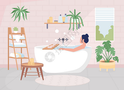 丹麦语女孩洗澡时用浴池彩色矢量插图插画