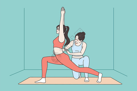 瑜伽老师招募教练在瑜伽班帮助女客户插画
