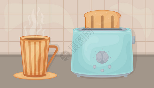 厨房置物烤面包机和杯子 带有面包片的烤面包机和厨房桌子上放着热饮的杯子的图像的矢量组合 含早餐的厨房组合物插画