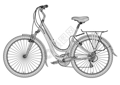 白色自行车白色背景上隔离的黑色线条的详细自行车铁丝框 侧视图 3D 矢量插图插画