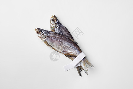 两只盐咸的猪头蟑螂鱼 上面贴有纸标签 尾巴被白方隔绝背景图片