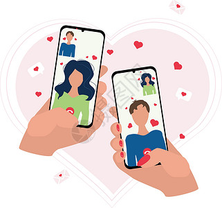 爱的电话在线日期 手拿着一个手机 其中的视频电话是一对情侣在心脏背景上的爱情插画