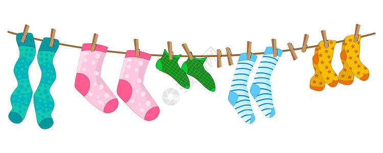 针织袜子袜子绑在绳索上 衣帽被白底的孤立插画