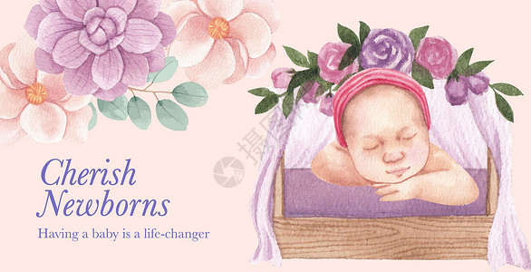 带有新生儿婴儿概念 水彩色风格的广告牌模板女孩睡觉新生婴儿水彩广告针织营销皮肤宝宝女婴背景图片