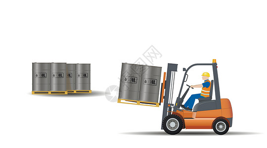 油桶装包装一辆工业叉车 由司机运输桶装燃料的货盘插画
