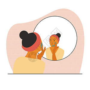 教你如何挑选适合自己的口红棕色皮肤的妇女坐在镜子前 用面罩蒙住脸部插画