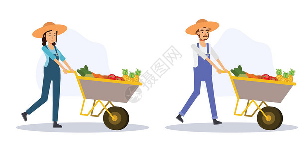 农民蔬菜大棚采摘蔬菜一组快乐的农民正在使用蔬菜手推车 Flat矢量 2d 卡通字符插图 (笑声)插画