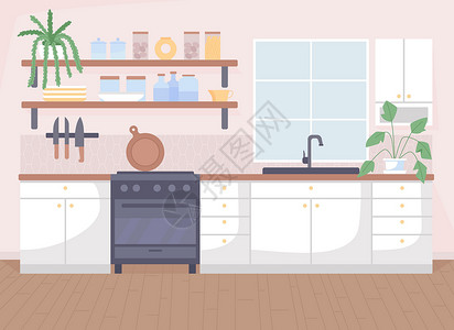 厨房矢量图斯堪的纳维亚厨房平板彩色矢量图插画