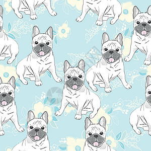 卡林吉矢量无缝 配有可爱的卡通小狗狗 可以用作背景 壁纸 布料和其他设计打印斗牛犬生活动物艺术快乐喜悦乐趣衬衫插图插画