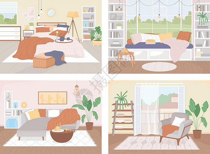 卧室北欧北欧风格家用平平调颜色矢量插图集插画