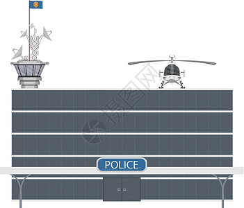 用于城市插图的矢量图标集或代表低多功能警察建筑物的摄制要素执法房子街道情况卡通片服务车站权威建筑安全插画