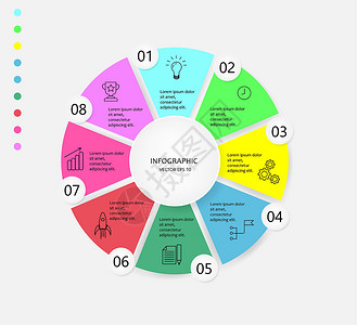 数字带圈素材信息图表圈与 8 个选项启动业务计划想法动机时间齿轮复选框火箭完成目标成就图标时尚模板模板与详细步骤可编辑用于布局网页设计工作流设计图片