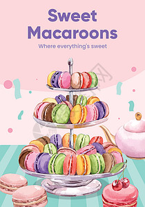 配有玛卡朗甜美糖 水彩色风格的海报牌模板甜点广告巧克力杏仁饼干紫色餐厅粉色绿色蛋糕背景图片