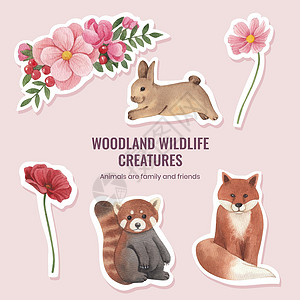 含有春季林地野生生物概念 水彩色风格的粘贴板模板树叶木头广告标识推广传单营销兔子森林插图背景图片