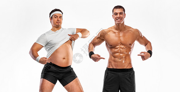 p图胖子素材在体重丧失和体能变形之前前后 这名男子是胖子 但成为阿图莱特腰部外科健康膀子力量男性损失男人腹部锻炼背景