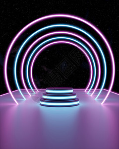 紫色圆圈光线3d 插图 在月台上的抽象宇宙光线背景上发光的讲台形状光效蓝色星系激光火花渲染平台霓虹灯虚拟现实背景