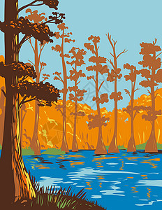 阿肯色州甘蔗溪湖北岸的甘蔗溪州立公园和海报艺术高清图片
