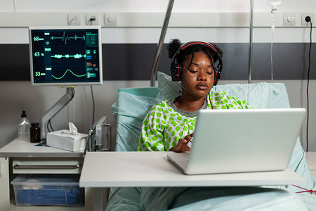 病漫画躺在床上看笔记本电脑上网上喜剧漫画的非裔美国人病病人背景