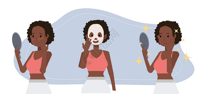 粉刺 皮肤问题 非洲裔美国女性担心自己的脸上长粉刺 标记表 越来越好 平面矢量插画