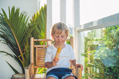 吃棒冰的男孩可爱的小金发男孩 吃自制冰淇淋坐在木椅上背景