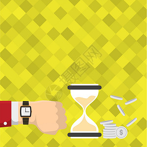 商务人士在手上使用手表显示沙漏指示有价值的措施 硬币旁边的各种时代测量设备描述时间等于金钱计算机分针创造力跑表商业倒数卡通片人士背景图片