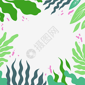 海藻图空白的框架装饰着抽象的现代化形式的花朵和叶子 空旷的现代边框被组织愉快的五颜六色的线条符号包围气泡海报粉色蓝色液体环境绿色运动图设计图片