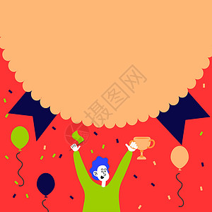 与气球环绕的音乐表演伴奏着  人类快乐 带着旗子在大型折叠纸质奖章下取得胜利乐趣墙纸孩子社交飞行图形计算机生日海报礼物插画