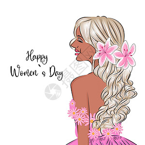 国际鲜花港3 月 8 日的贺卡 上面有一个美丽的金发女孩 白色背景上有鲜花国际妇女节快乐 在纺织品上打印 T 恤或礼品包装设计图片