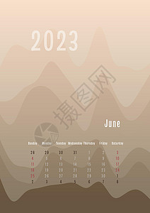 六月日历2023年6月立历每个月分开 月度个人计划模板 峰剪影抽象渐变彩色背景 印刷和数字设计设计图片