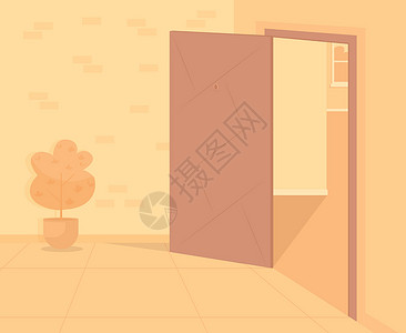 一个彩色门带打开门平板彩色矢量插图的走廊插画