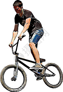 BMX上的骑自行车者的彩色矢量图像 显示极端特效男生小轮车骑术男人危险运动坡道青少年插图诡计背景图片