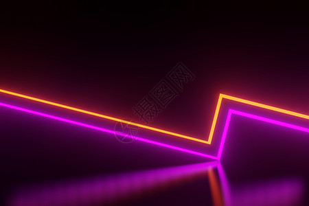 紫色发光箭头黑暗背景下 RGB 霓虹灯的 3d 渲染 抽象激光线显示在晚上 紫外光谱光束场景游戏插图蓝色脉冲舞蹈电火花冲动全景紫色技术背景