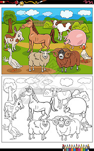 有趣的漫画农场动物组彩色书页高清图片