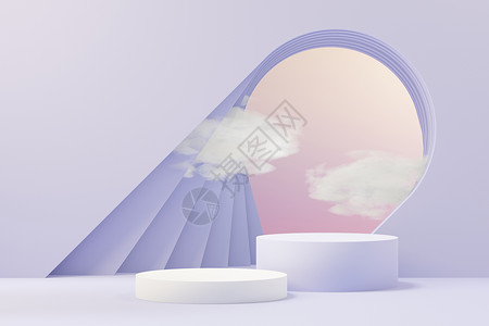 2022年产品展示和广告设计时用非常Peri颜色的美容讲台3d翻版 最低面粉天空和Mreamy土地场景 浪漫概念小样立方体几何化背景
