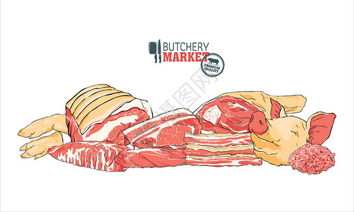 切猪肉猪肉部分的猪肉切块 肉切块 复古一手拉 肉类产品肉店海报 鲜肉切猪肋排和培根火腿矢量插图白色插画