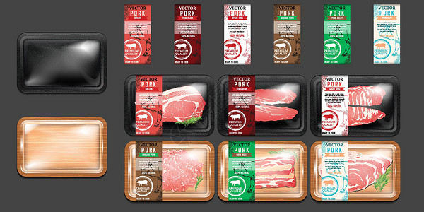肉类产品猪肉包装肉类食品猪肉黑色聚苯乙烯包装和木质风格包装 3d 矢量逼真集高质量文件插画
