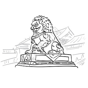 白色雕像北京紫禁城的大青铜狮子中国地标插图矢量手绘孤立在白色背景线条艺术上插画