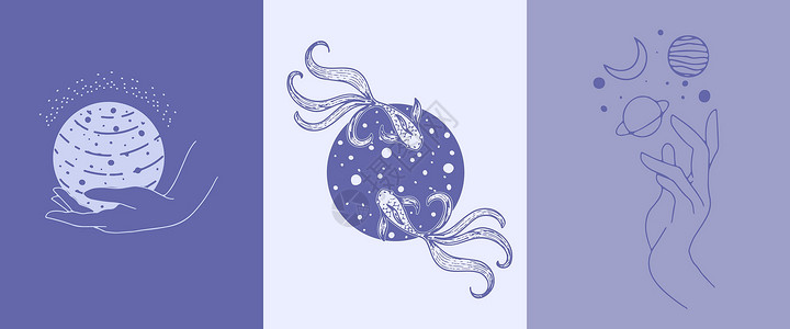 一套海报调色板设计非常准曲线植物背景紫色传单墨水薰衣草海浪热带样本背景图片