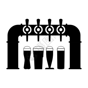酒吧黑白带有一组水龙头和手柄的啤酒泵以及带泡沫的完整啤酒杯 将啤酒倒入玻璃杯中 矢量绘图 白色背景上的插图 黑白剪影插画