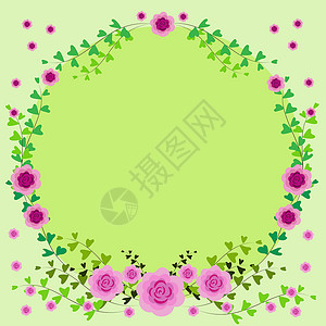绿色框架由多彩花朵和花朵协调安排的空白框架装饰 空海报边框被多色布格环绕 组织得非常井然有序紫色庆典浪漫墙纸圆圈邀请函植物问候语花卉绘画插画