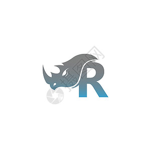 印度犀牛与犀犀头图标徽标模板的 R 信函插画